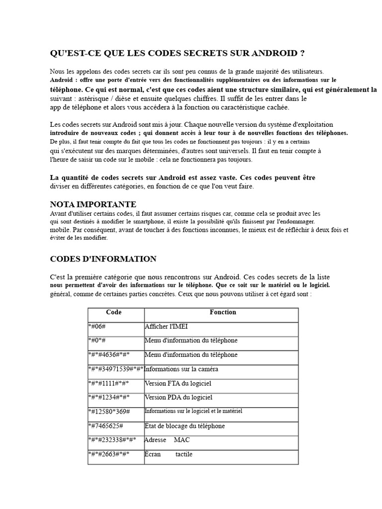 Codes secrets Android : Guide complet | PDF | Android (Système d ...