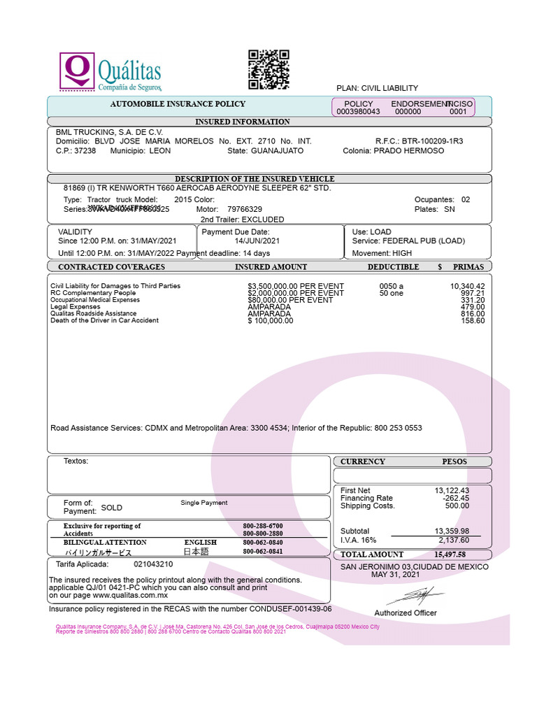 Civil Liability Auto Insurance Policy | PDF | Insurance | Motor Vehicle