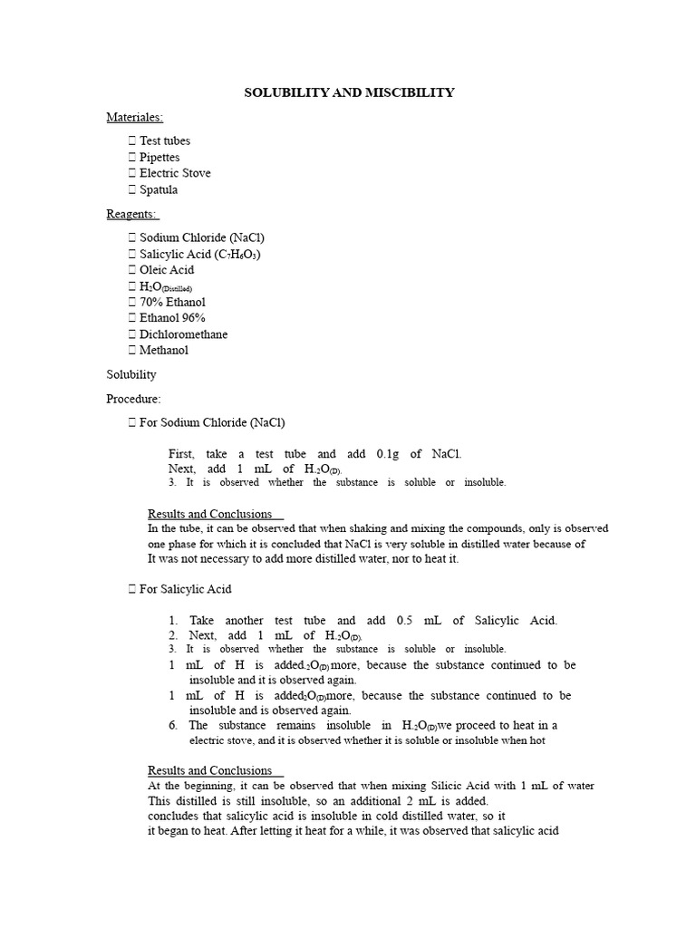 Solubility and Miscibility of Acids | PDF | Solubility | Sodium Chloride