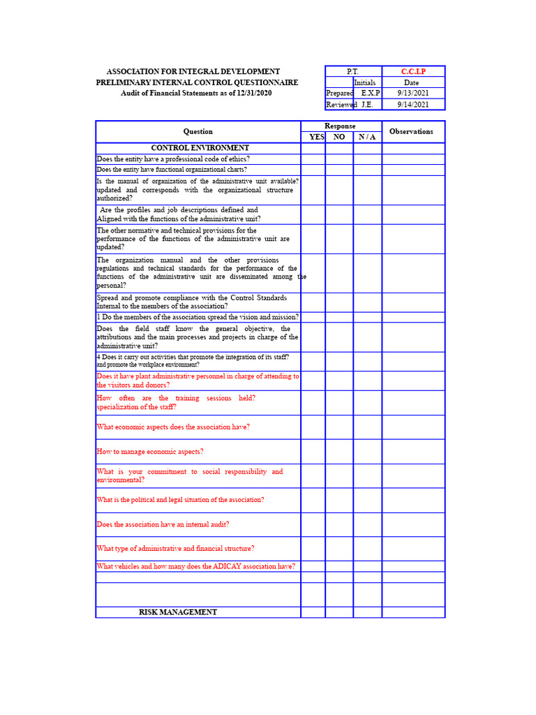 Preliminary Questionnaire of Internal Control | PDF | Internal Control ...
