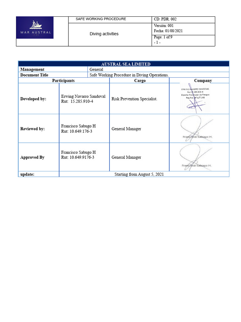 Safe Diving Operations Procedure | PDF | Underwater Diving
