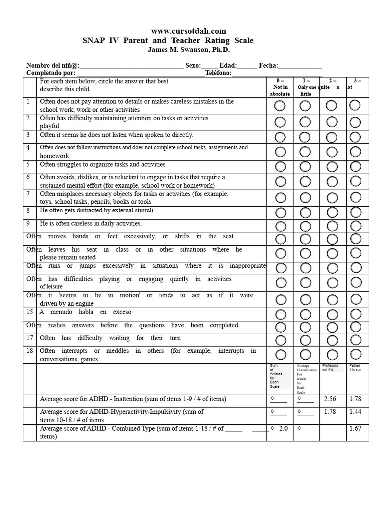 SNAP IV ADHD Rating Scale Guide | PDF | Attention Deficit Hyperactivity ...