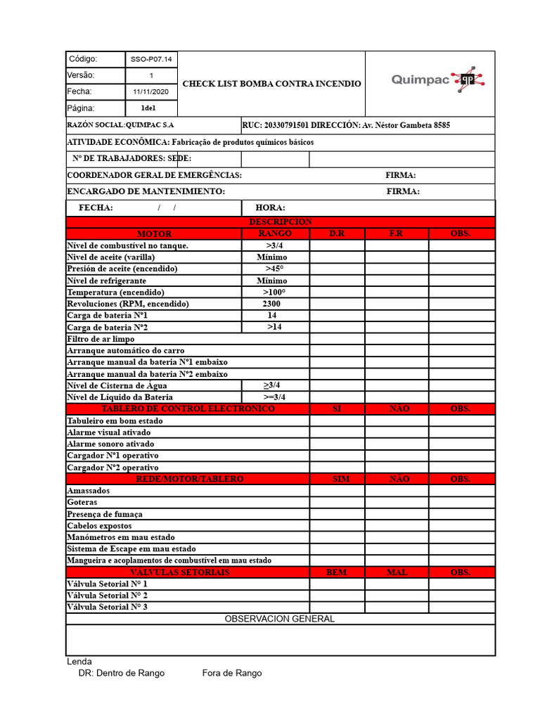 Checklist de Manutenção de Bomba de Incêndio | PDF