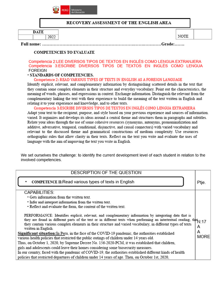 English Recovery Assessment Guide | PDF | English Language | Information