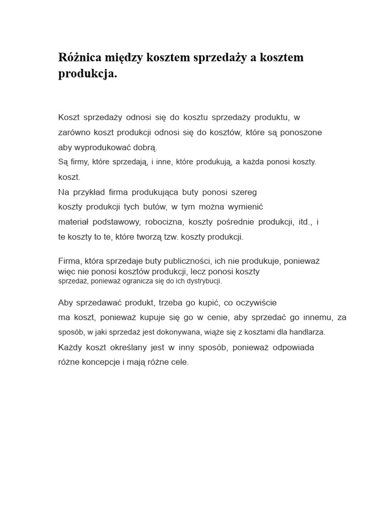 Różnica Między Kosztem Sprzedaży A Kosztem Produkcji | PDF