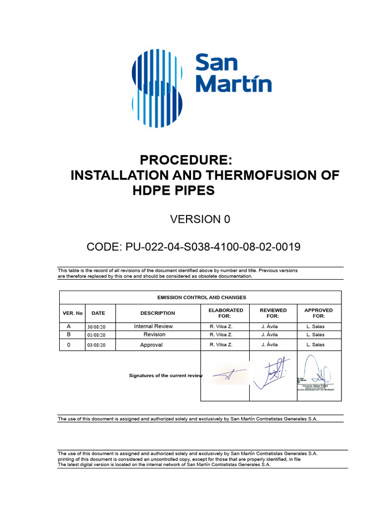 Procedure: Installation and Thermofusion of Hdpe Pipes: CODE: PU-022-04 ...