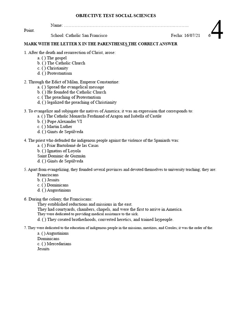 Objective Test 4.6 Role of The Catholic Church | PDF