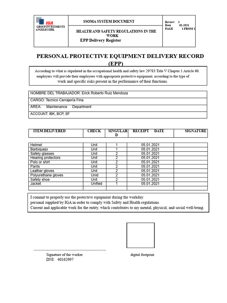 Delivery Record of Personal Protective Equipment No. 1 | PDF | Personal ...