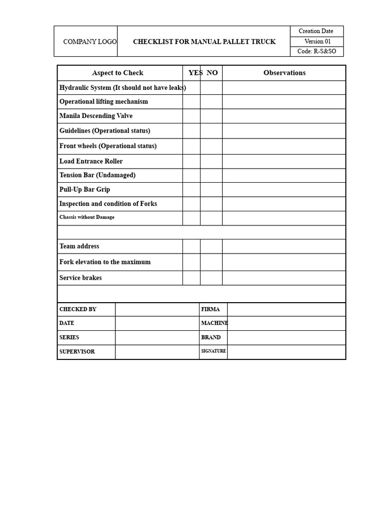 Manual Pallet Truck Inspection Checklist | PDF