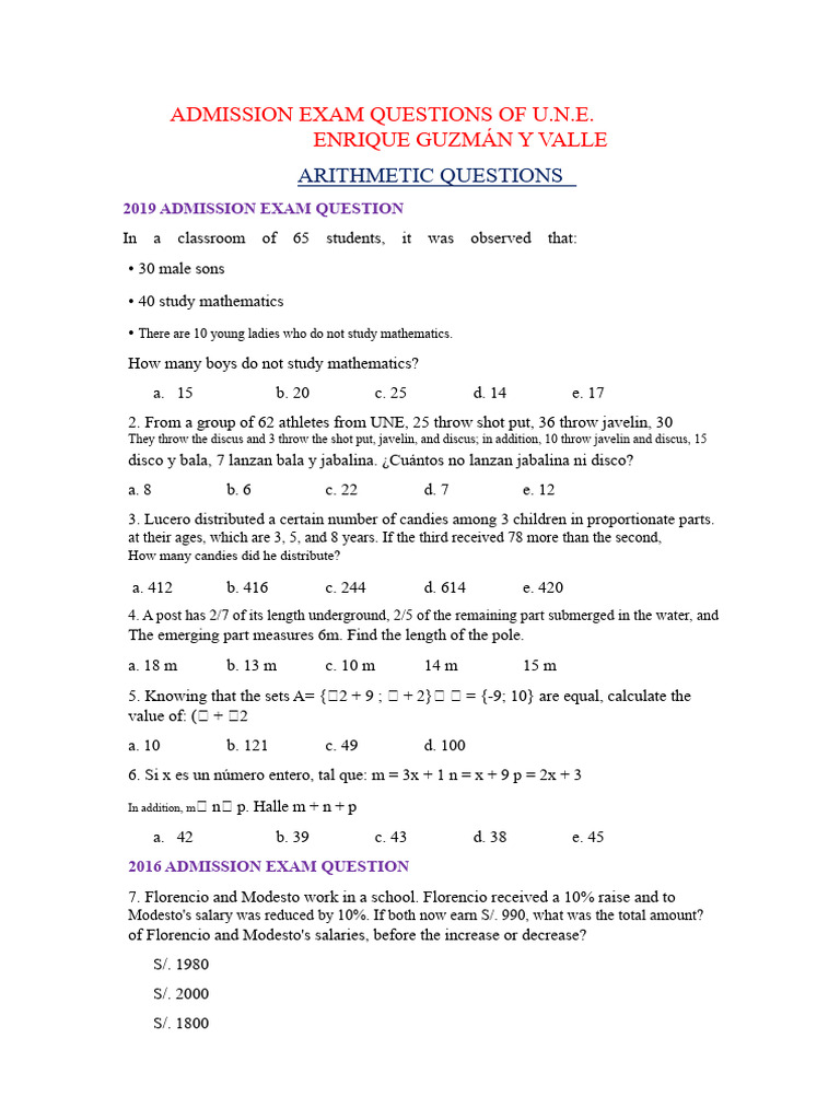 Admission Exam Questions On Arithmetic | PDF | Arithmetic | Number Theory