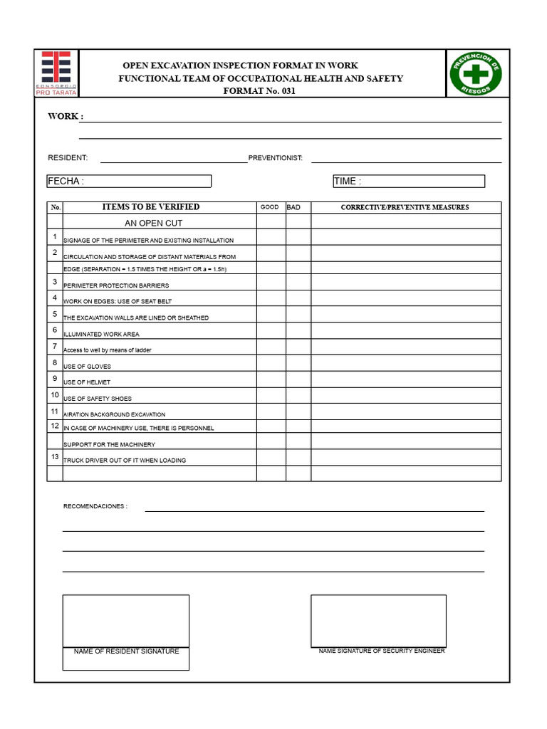Annex 9.11.6 - Open Trench Excavation Inspection Format | PDF