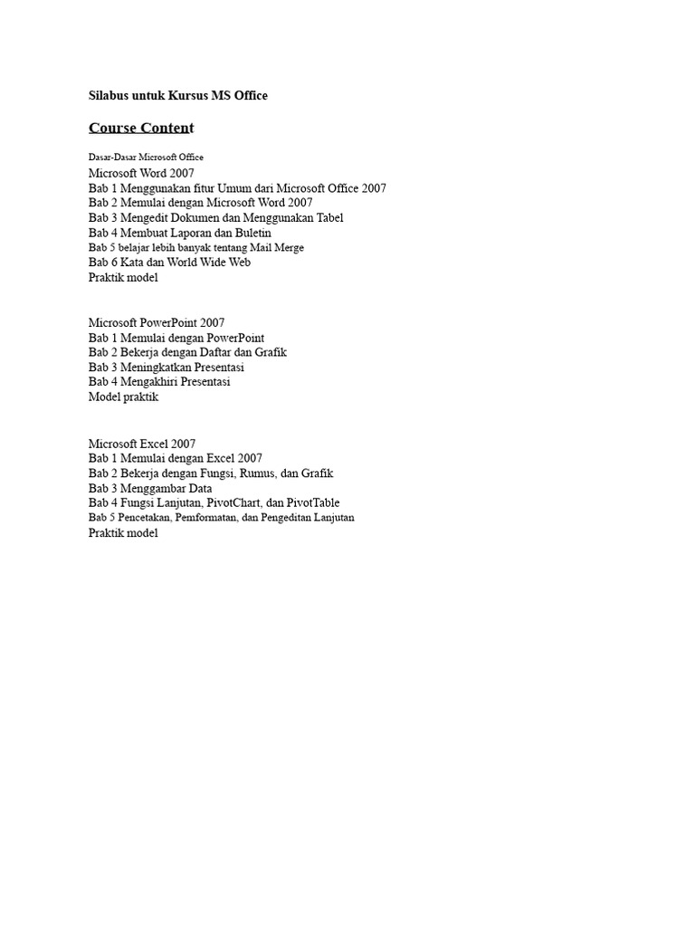 Silabus Kursus MS Office 2007 | PDF