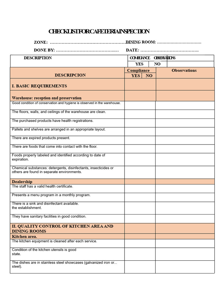 Cafeteria Inspection Checklist Guide | PDF | Hygiene | Kitchen