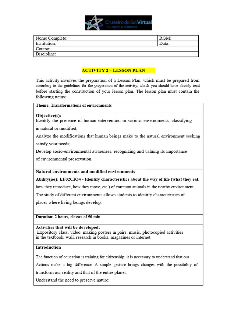 Lesson Plan: Environmental Transformations | PDF | Natural Environment