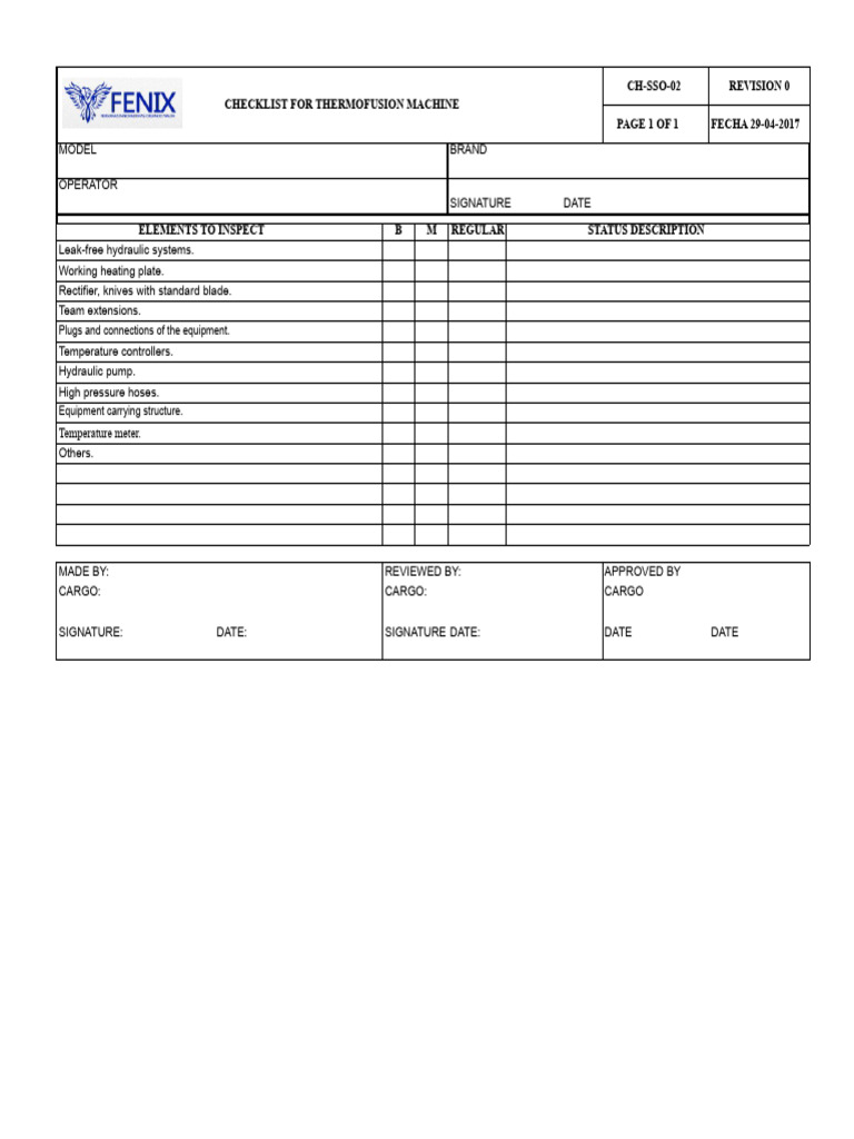 Thermofusion Machine Inspection Checklist | PDF
