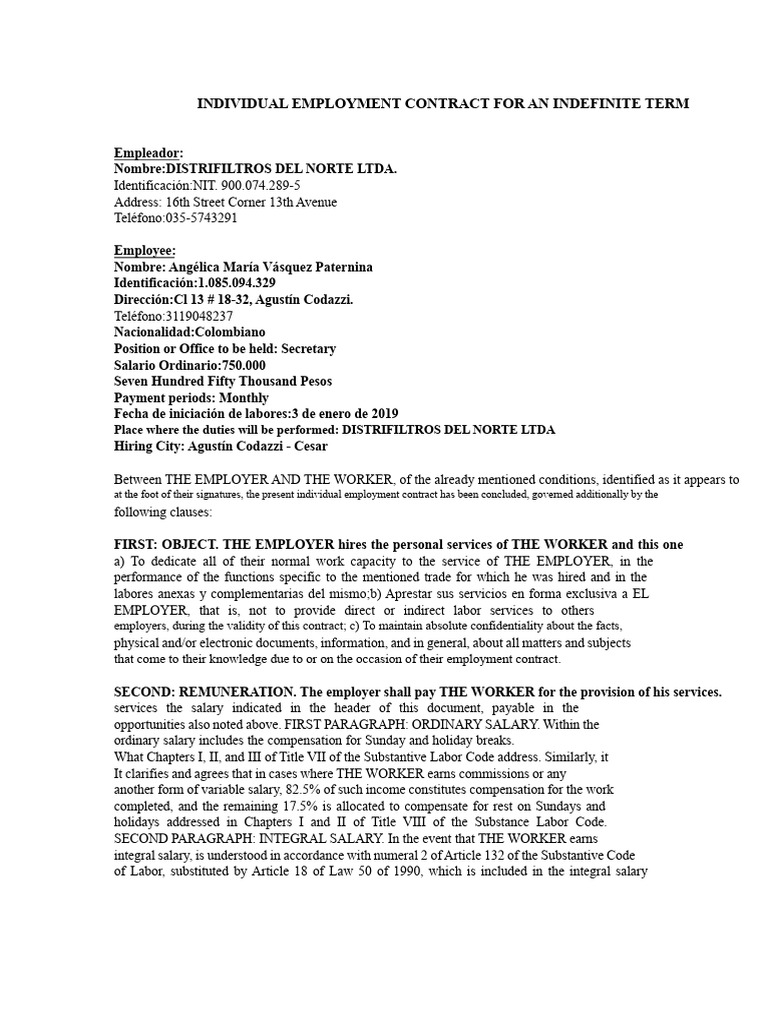 Indefinite Employment Contract Template | PDF | Employment | Salary