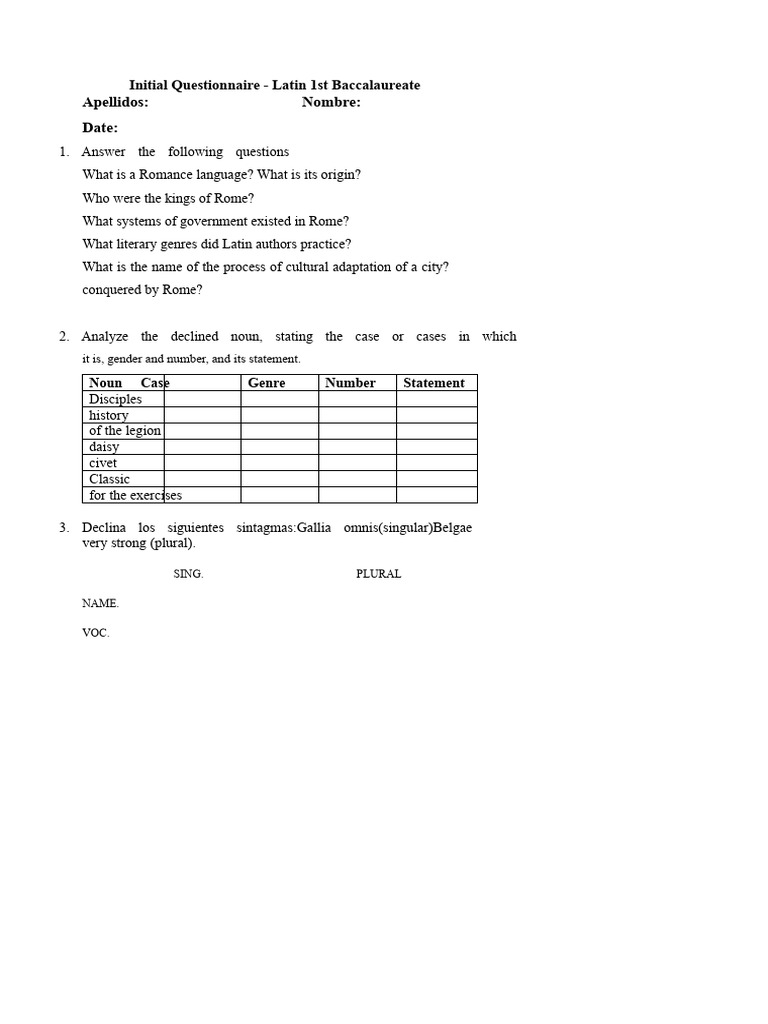 Latin 1st Baccalaureate Questionnaire | PDF