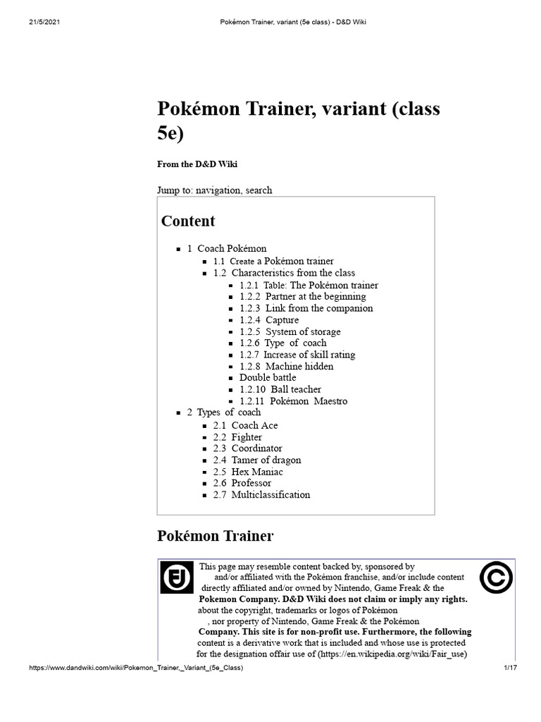 Pokémon Trainer Class for D&D 5e | PDF | Pokémon