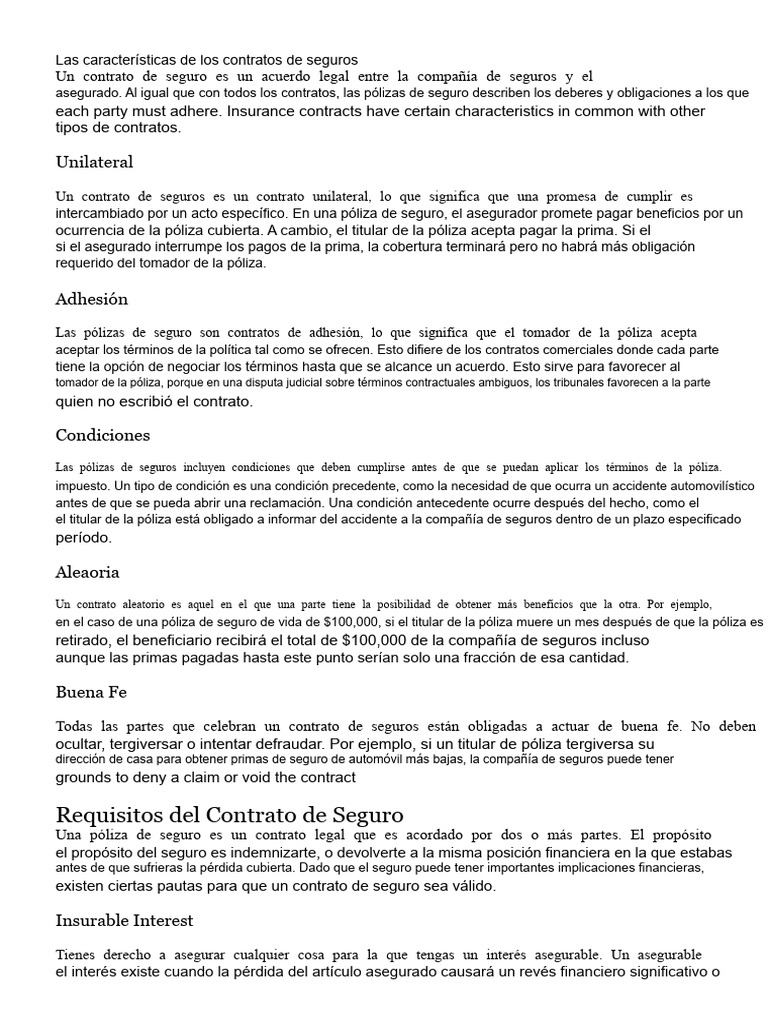 Características Clave de Contratos de Seguros | PDF | Póliza de seguros ...
