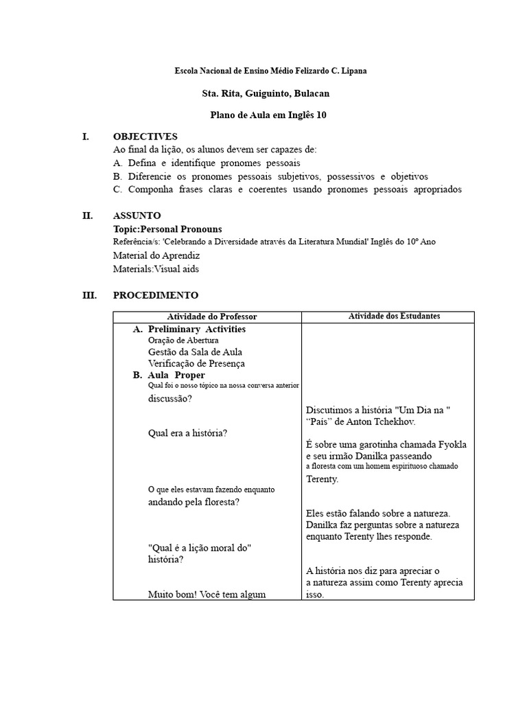 Aula sobre Pronomes Pessoais em Inglês | PDF | Pronome | Assunto ...