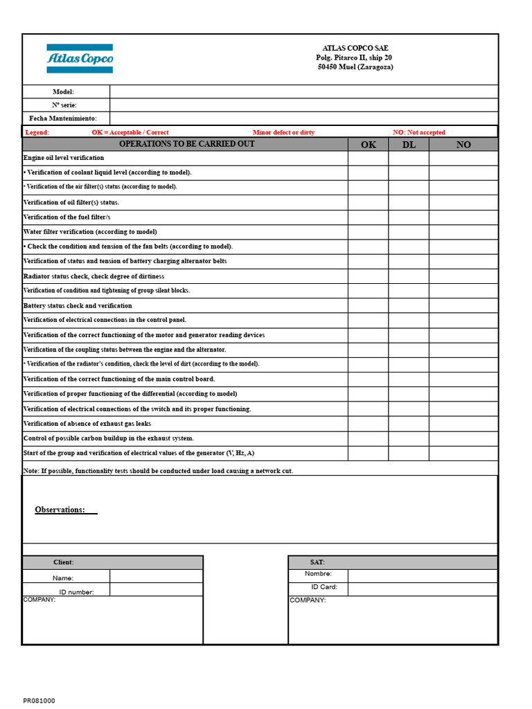 Atlas Copco SAE Maintenance Checklist | PDF | Mechanical Engineering