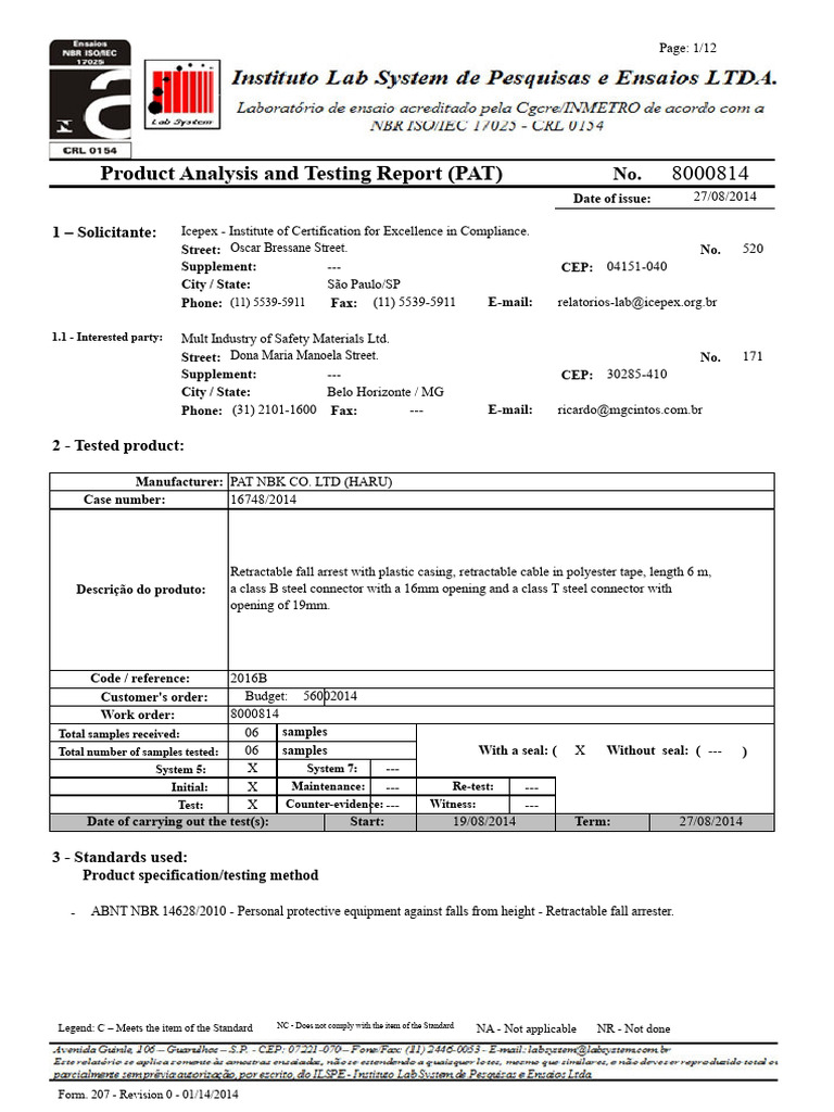 Retractable Fall Arrest Device Report | PDF | Verification And ...