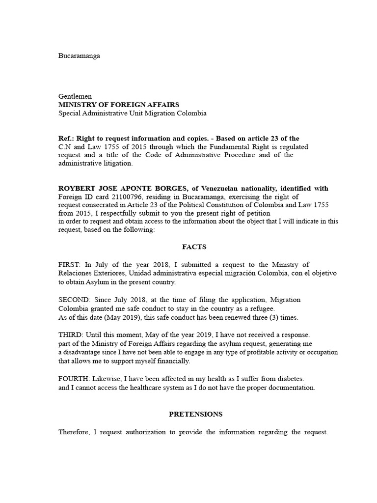 Asylum Request Petition in Colombia | PDF | Refugee | Right Of Asylum