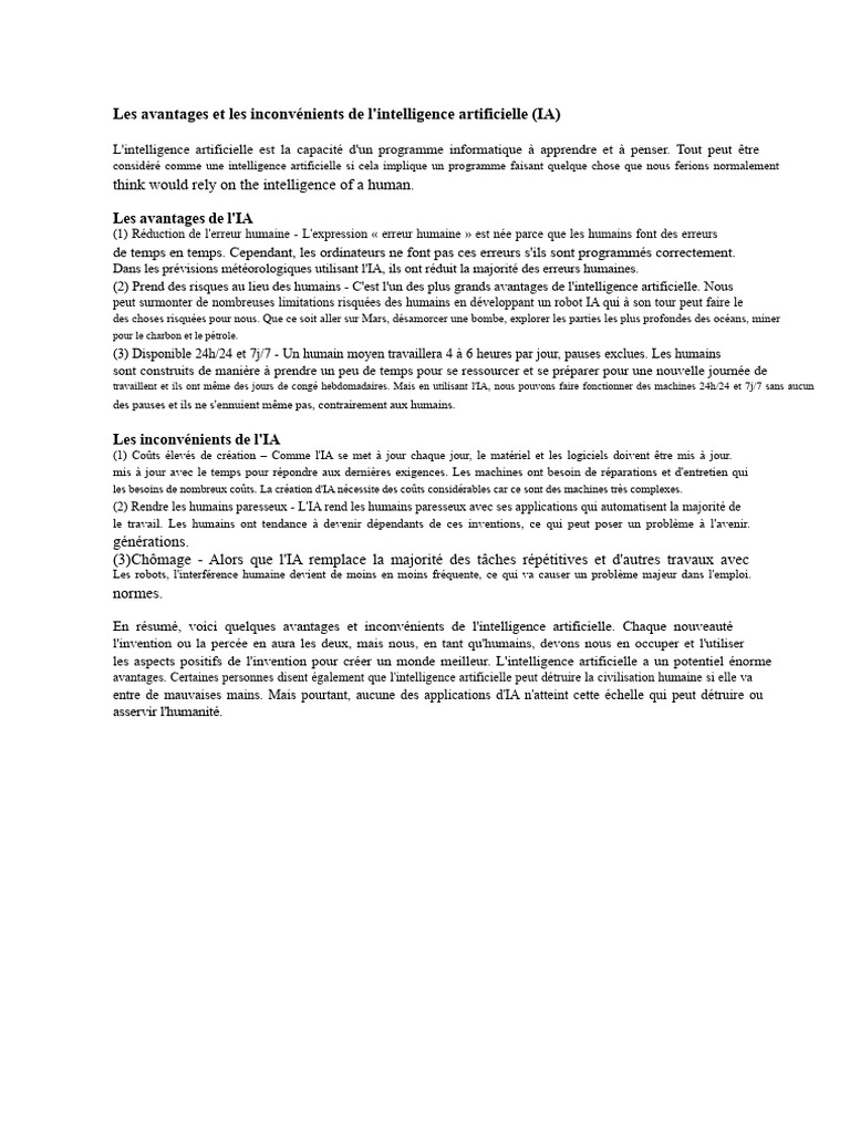 Avantages et inconvénients de l'IA | PDF | Intelligence artificielle ...