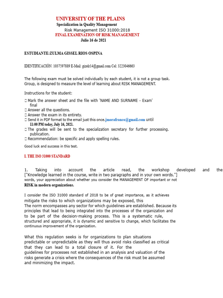 Risk Management Exam: ISO 31000 Insights | PDF | Risk | Risk Management