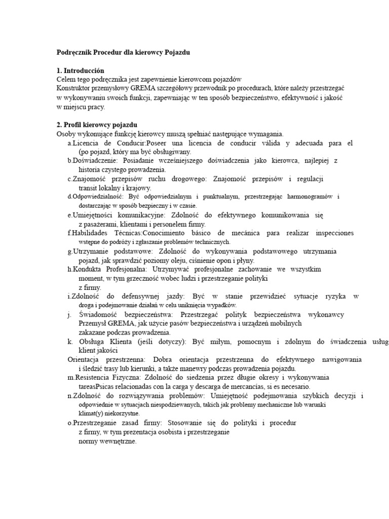 Podręcznik Procedur Dla Kierowcy Pojazdu | PDF