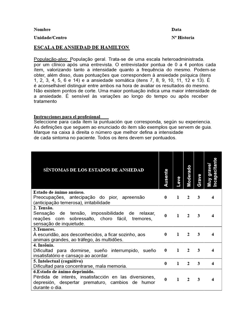 Escala de Ansiedade de Hamilton: Avaliação | PDF | Ansiedade | Medicina ...