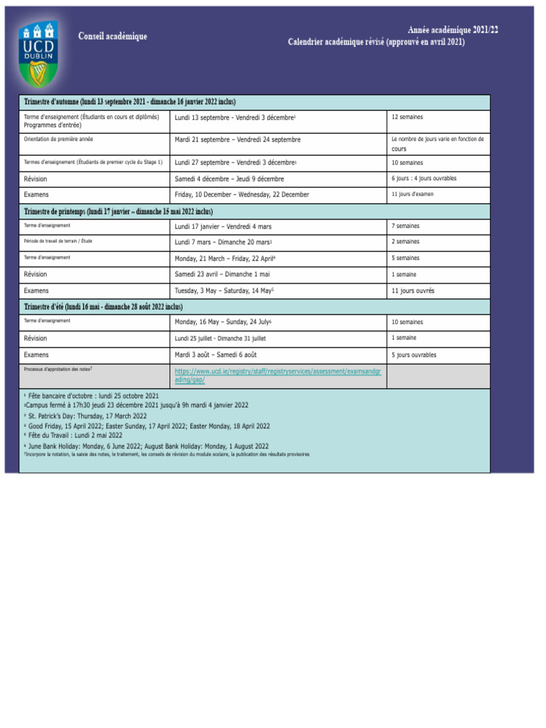 Calendrier académique 2021/22 UCD | PDF