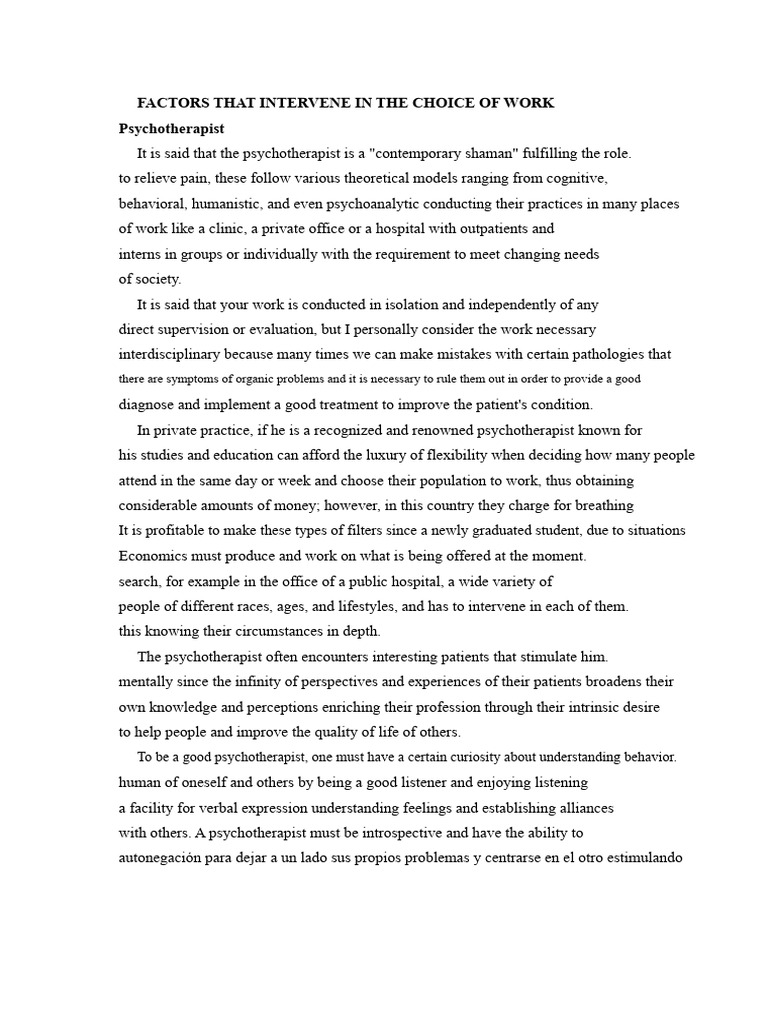 Factors That Intervene in The Choice of Work As A Psychotherapist | PDF ...