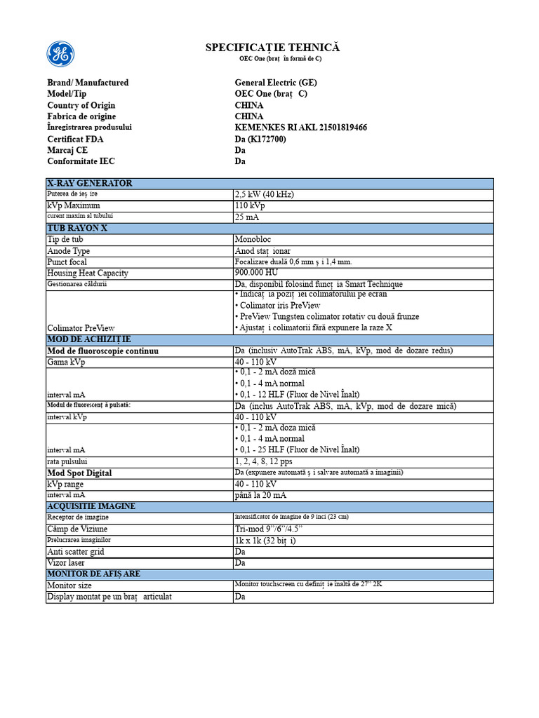 Specificația GE OEC One | PDF