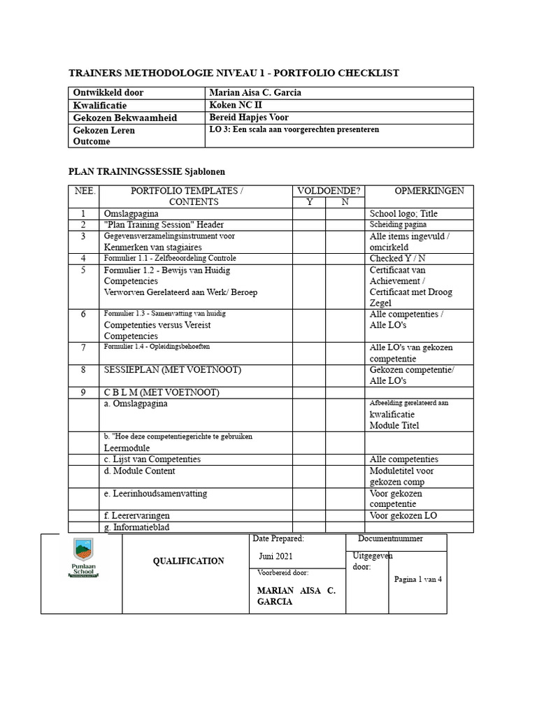 TM 1 Portefeuille Checklist | PDF