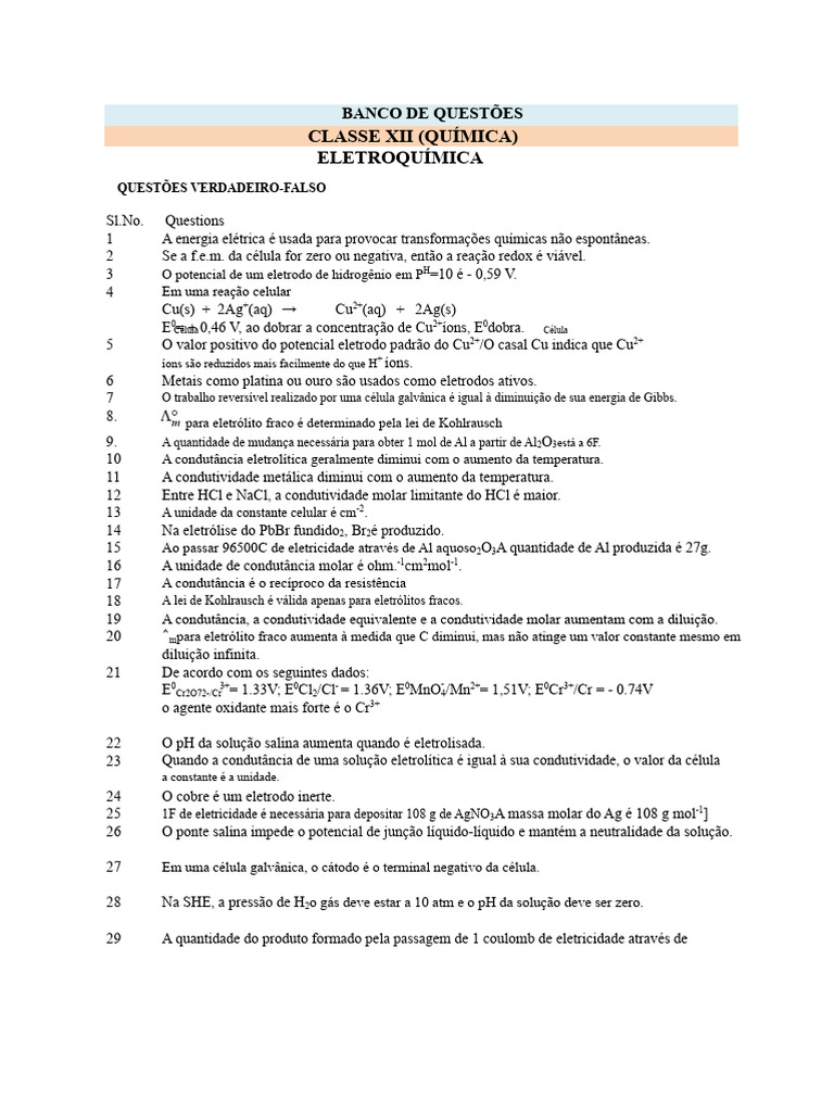 Questões de Eletroquímica: Verdadeiro ou Falso | PDF | Eletroquímica ...