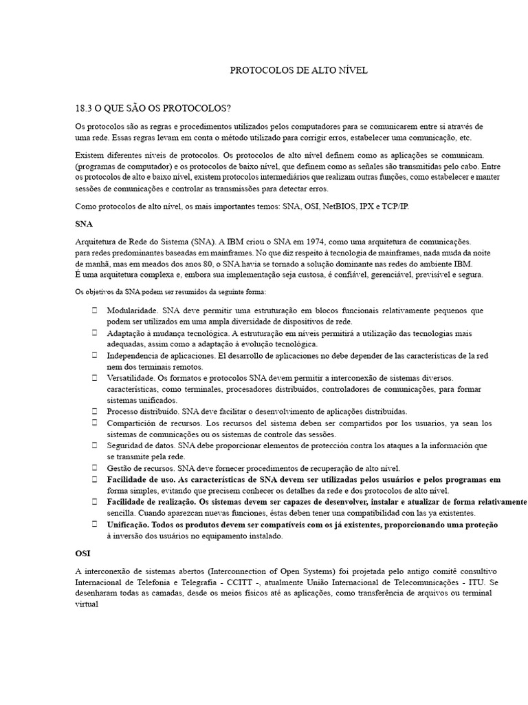 Protocolos de Alto Nível em Redes | PDF | Suíte de protocolo de ...