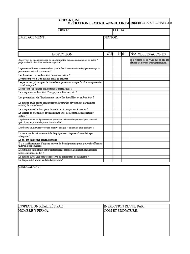 Checklist de Sécurité Meuleuse Angulaire | PDF