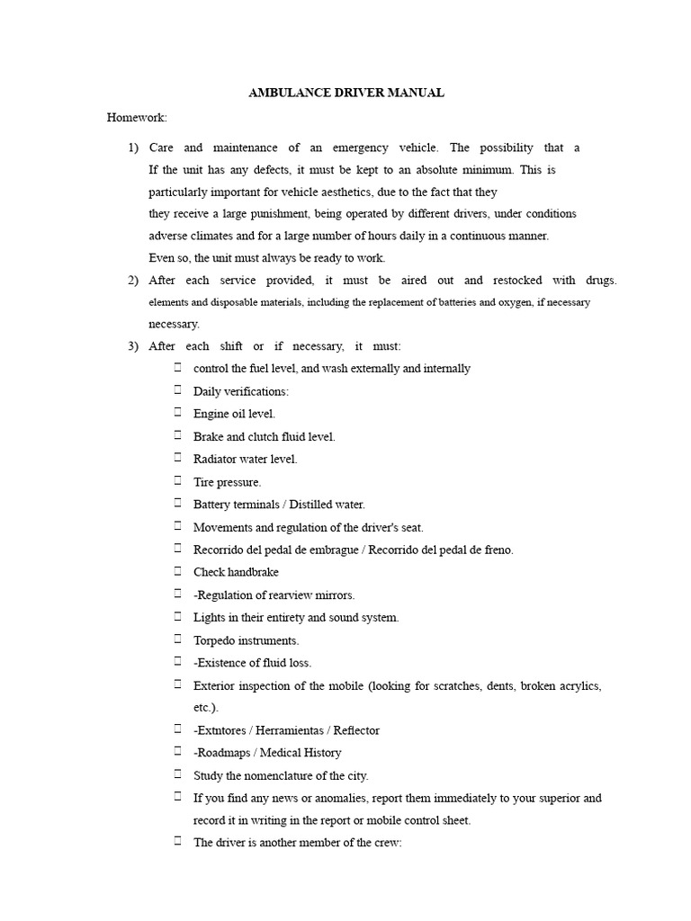 Ambulance Driver Manual: Vehicle Care Guide | PDF | Ambulance | Vehicles