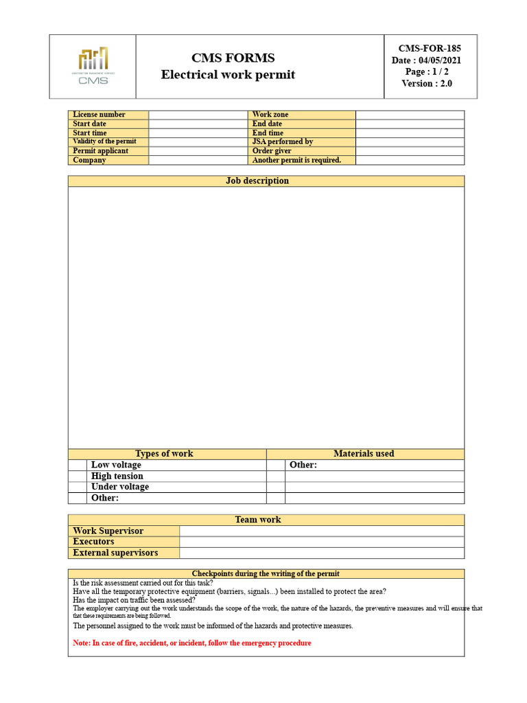 Electrical Work Permit | PDF | High Voltage | Working Conditions