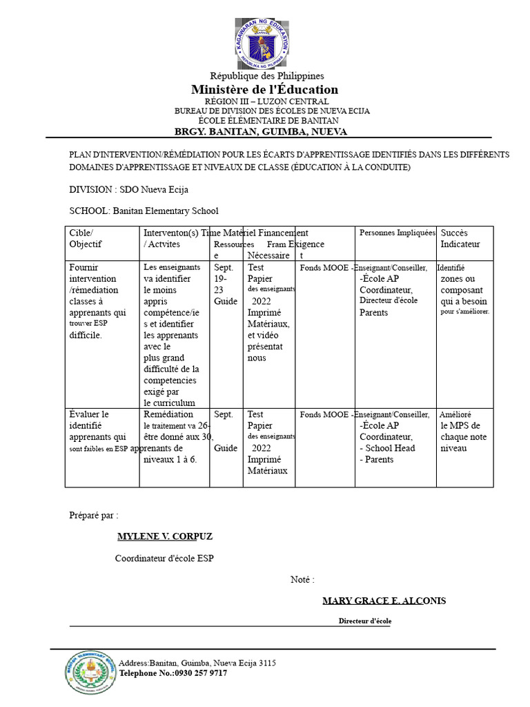 Plan de remédiation scolaire à Banitan | PDF | Apprentissage