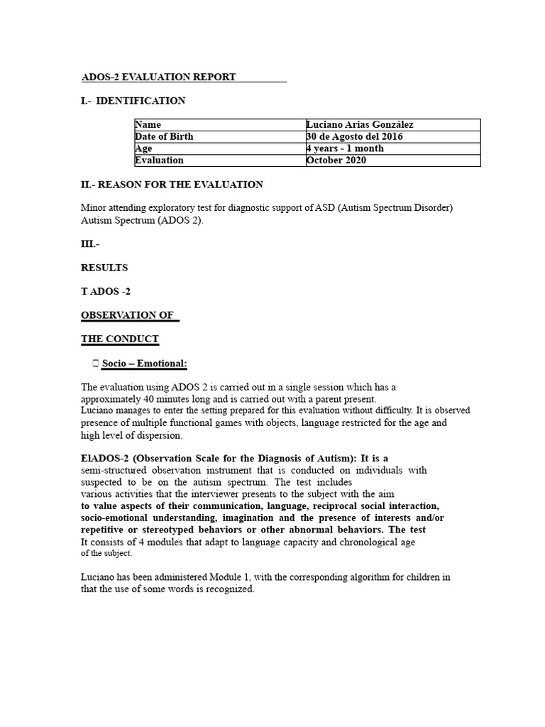 ADOS-2 Evaluation Report for ASD | PDF | Autism | Psychological Concepts