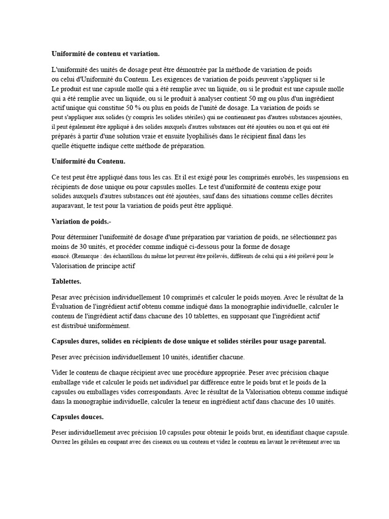 Uniformité de contenu et variation de poids | PDF | Titrage | Chimie