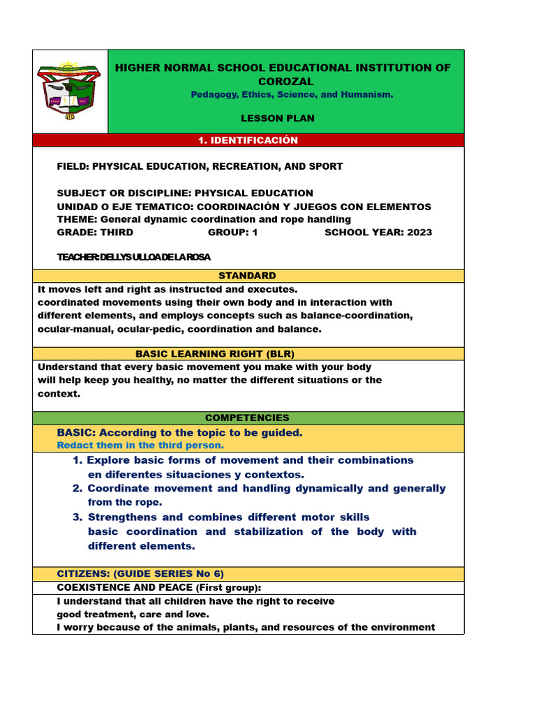 Physical Education Lesson Plan: Coordination | PDF | Lesson Plan | Emotions