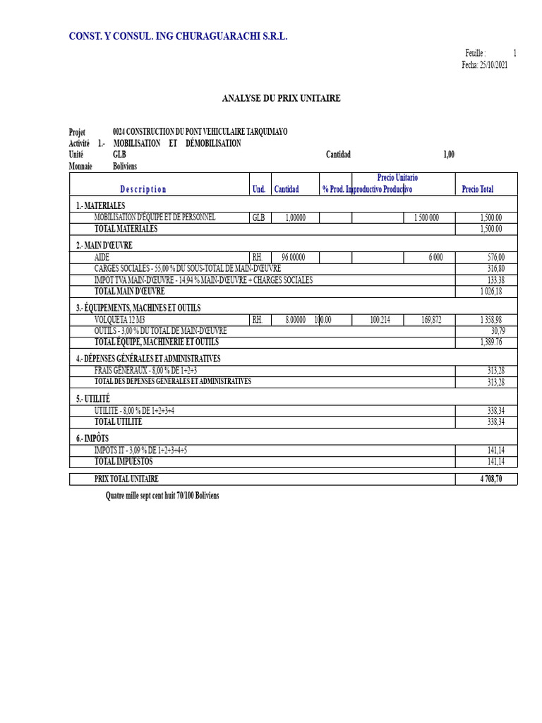 Analyse des Prix Unitaires du Pont Tarquimayo | PDF | Ingénierie des ...
