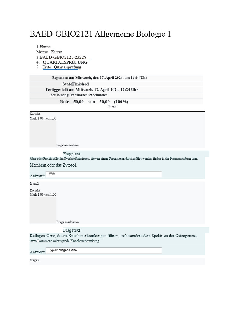 BAED-GBIO2121 Allgemeine Biologie 1 1. Quartalsprüfung | PDF