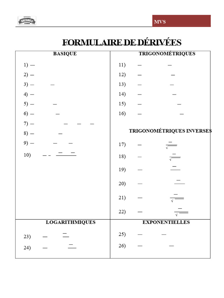 Formulaire de dérivées et intégrales | PDF | Intégral | Fonction ...