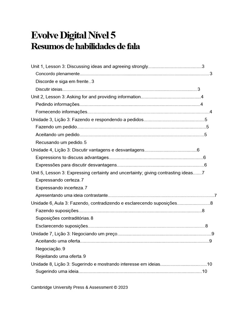 Resumos das habilidades de fala do Nível 5 do Evolve Digital | PDF