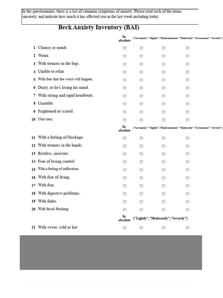 Beck Anxiety Inventory Symptoms List | PDF