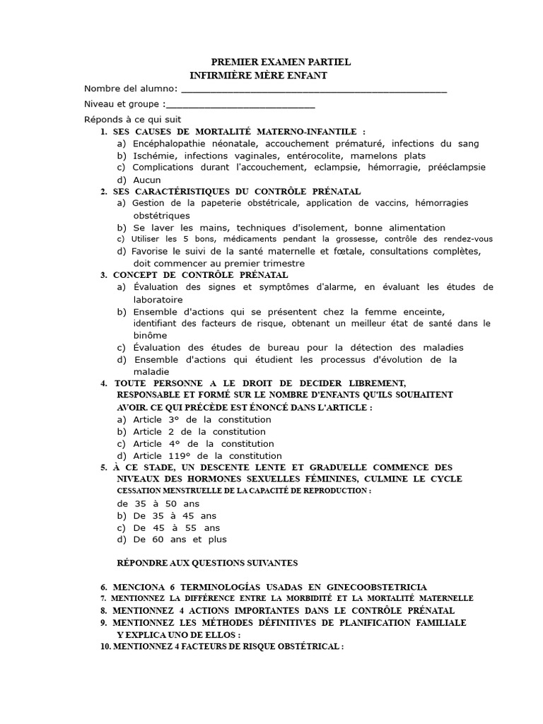Examen Partiel : Soins Maternels et Santé | PDF | Grossesse | Accouchement